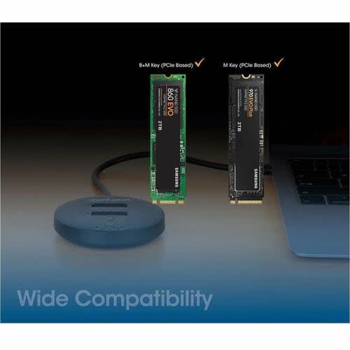 Manhattan - Compacto - Estación De Acoplamiento Y Clonación De Ssd M.2 Nvme. Base Para Duplicar O Acceder A Unidades M.2, Con Cable Integrado Usb-C Superspeed+ A 10 Gbps (usb 3.2 Gen 2), Para Unidades Ssd 2230/2242/2260/2280/22110 Con Llave M O Llave B+m, Negro