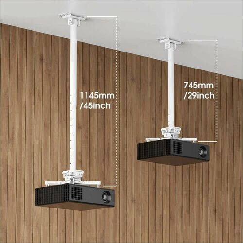 Soporte Para Proyector Con Montaje En Techo Y Ajuste De Altura. Soporta Un Proyector De Hasta 35 Kg (77 Lbs.), Para Techos Inclinados Y Planos, Movimiento Completo Con +/-180° De Rotación, +/-20° De Inclinación, +/-8° De Giro, Extensión Telescópica De 745 A 1145 Mm (29 A 45 Pulg.), Blanco - Altura Ajustable - Compatible Con Montura Vesa - Acero Laminado En Frío (crs)