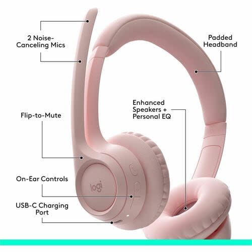 Auriculares Logitech Zone Inalámbrico Sobre La Cabeza Estéreo - Rosa - Binaural - Supra-Aural - 3000cm - Bluetooth - 50hz A 20khz - Función De Cancelación De Ruido Ambiente Micrófono