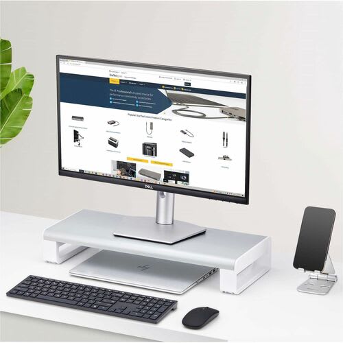 Startech.com Elevador Para Monitor - Conforme Con Normas Taa - 15kg Capacidad De Carga - 9.1cm Altura X 22.1cm Ancho - Mesa - Acero, Plástico - Plata, Blanco - Para Monitor, Portátil, Teclado, Mouse, Accesorios, De Escritorio, Computador - Ergonómico, Duradero, Robusto, Antideslizante, Dura Dero, Antideslizante, Patas De Goma