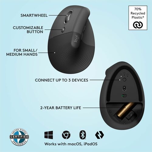 Mouse Logitech Lift - Frecuencia Bluetooth/Radio - Usb - óptico - 6 Botón(es) - Grafito - Inalámbrico - 4000 Dpi - Rueda De Desplazamiento - Peque?o/Mediano Tamaño De La Mano/Palma - Zurdo