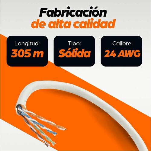 Bobina De Cable Utp Cat5e Cca Solida 305m 24 Awg Gris - Extremo Prinicpal: Cable Desnudo - Extremo Secundario: Bare Wire - 24 Awg - Gris - Image 4