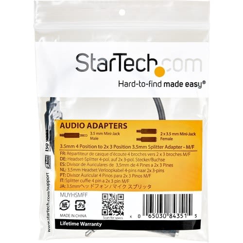 Startech.com Adaptador De Diadema Mini-Jack 3.5mm 4 Pines A Conectores Separados De Audífonos Y De Micrófono - M A 2xh - Cable For Dispositivo De Audio, Portátil, Auriculares, Auricular, Altavoz, Portátil, Auriculares, Micrófono - Níquel Conector Chapado - 28 Awg - Negro