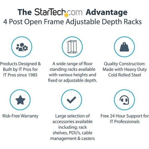 Startech.com Rack 25u Móvil De Marco Abierto De 4 Postes Para Servidores - Rack De 19 Pulgadas - Ruedas O Patas Niveladoras - Acero, Acero Laminado En Frío - 544.30kg Capacidad De Peso Estático