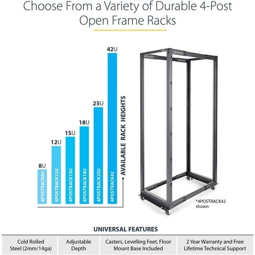 Startech.com Rack 25u Móvil De Marco Abierto De 4 Postes Para Servidores - Rack De 19 Pulgadas - Ruedas O Patas Niveladoras - Acero, Acero Laminado En Frío - 544.30kg Capacidad De Peso Estático