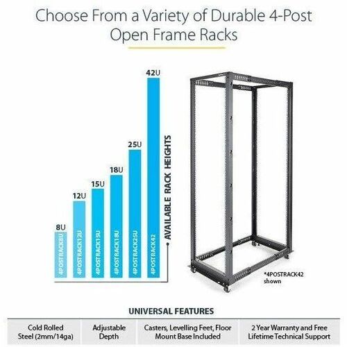 Startech.com Rack 12u Móvil De Marco Abierto De 4 Postes Para Servidores - Rack De 19 Pulgadas - Ruedas O Patas Niveladoras - Acero, Acero Laminado En Frío - 544g Capacidad De Peso Estático