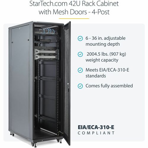 Startech.com Rack Gabinete De Equipos De 4 Postes 42u - Profundidad De 36in - Rack Gabinete De 19 Pulgadas Con Ruedas - Acero, Malla - 907kg Capacidad Máxima De Peso - 907kg Capacidad De Peso Estático - Image 4