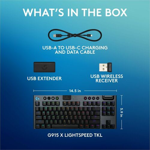 Logitech G G915 X Lightspeed Tkl Teclado Gaming - Tama?o Completo - Con Cable/Inalámbrico Conectividad - Usb Tipo C Interfaz - Rgb Led - Gl Táctil Llave De Contacto - Bluetooth/Rf - 2.40ghz - Rodillo De Volumen, Control De Medios Tecla(s) De Acceso Rápido - Mac Os, Windows 10, Mac Os X 10.11 El Capitan, Windows 11, Mac Os X 11.0 Big Sur, Chromeos, Android 4.3 Jelly Bean, Ios 10 - Pc, Mac