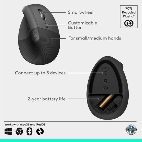 Mouse Logitech Lift - Bluetooth - Usb - óptico - 6 Botón(es) - Grafito - Inalámbrico - 4000 Dpi - Rueda De Desplazamiento - Peque?o/Mediano Tamaño De La Mano/Palma
