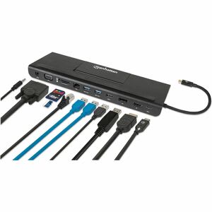 Manhattan Docking Usb-C 11 Ptos, Hdmi/Dp/Vga, Usb-C Pd/2xusbv3.2/Usbv2.0, Red/Audio/Sd/Micro Sd - 3 Displays Supported - Svga, Xga, 4k Uhd, Full Hd, Wuxga, Hd - 640 X 480, 800 X 600, 1024 X 768, 3840 X 2160, 1920 X 1080, 1920 X 1200, 1280 X 720 - 5 X Puertos Usb - 1 X Usb 2.0 - 3 X Usb Type-A Ports - Usb Tipo-A - 2 X Usb Type-C Ports - Usb Tipo-C - 1 X Rj-45 Ports - Red (rj-45) - 1 X Hdmi Ports - Hdmi - Vga - 1 X Displayports - Displayport - Cableado - Gigabit Ethernet - Windows 7, Windows