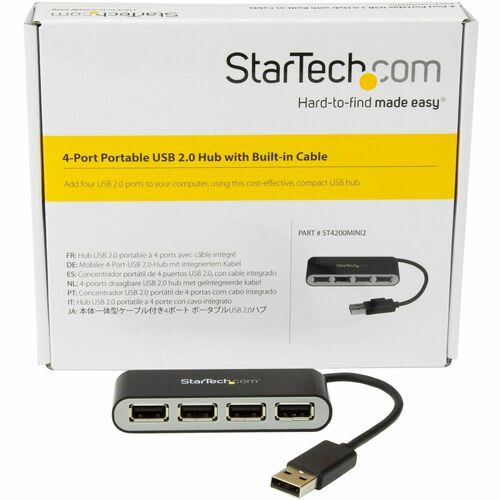 Startech.com Concentrador Usb 2.0 De 4 Puertos Con Cable Integrado - Hub Portátil Usb 2.0 - 4 Total Usb Port(s) - 4 Usb 2.0 Port(s) - Pc, Mac, Linux