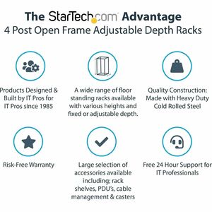 Startech.com Rack 15u Móvil De Marco Abierto De 4 Postes Para Servidores - Rack De 19 Pulgadas - Ruedas O Patas Niveladoras - Acero, Acero Laminado En Frío - 300kg Capacidad De Peso Dinámico - 544kg Capacidad De Peso Estático