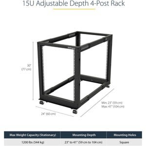Startech.com Rack 15u Móvil De Marco Abierto De 4 Postes Para Servidores - Rack De 19 Pulgadas - Ruedas O Patas Niveladoras - Acero, Acero Laminado En Frío - 300kg Capacidad De Peso Dinámico - 544kg Capacidad De Peso Estático
