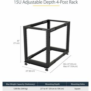 Startech.com Rack 15u Móvil De Marco Abierto De 4 Postes Para Servidores - Rack De 19 Pulgadas - Ruedas O Patas Niveladoras - Acero, Acero Laminado En Frío - 300kg Capacidad De Peso Dinámico - 544kg Capacidad De Peso Estático
