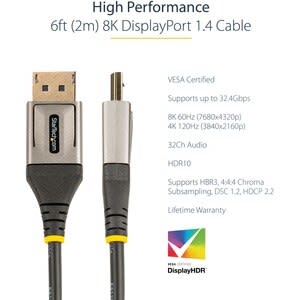 StarTech.com Startech.com Cable De 2m Displayport 1.4 Certificado Por Vesa - Hdr10 8k 60hz - Video Ultra Hd 4k 120hz - Cable Dp 1.4 Para Monitores - Cable For Dispositivo De Audio/Vídeo, Monitor, Workstation, Portátil, Computadora De Escritorio, Tv, Proyector, Reproductor De Se?alización Digital, Tarjeta Gráfica - 32.4gbit/S - Admite Hasta7680 X 4320 - Apantallado - Oro Conector Chapado - 34 Awg - Negro, Gris