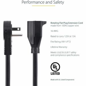 Startech.com Cable De 3m De Extensión De Alimentación - Cable Alargador De Corriente Rotativo Plano De 360° - Nema 5-15p A Nema 5-15r - Para Pc, Monitor, Escáner, Impresora - Nema 5-15p / Nema 5-15r - Negro - Image 2