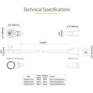 Startech.com Cable De 3m De Extensión De Alimentación - Cable Alargador De Corriente Rotativo Plano De 360° - Nema 5-15p A Nema 5-15r - Para Pc, Monitor, Escáner, Impresora - Nema 5-15p / Nema 5-15r - Negro - Image 4