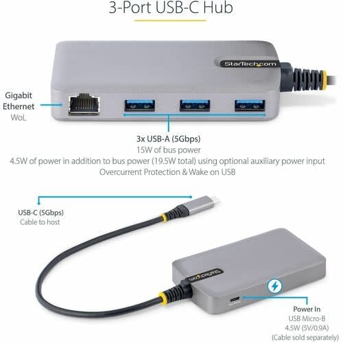StarTech.com Startech.com Hub Usb-C De 3 Puertos Usba - Usb 3.0 5gbps - Alimentado Por El Bus - Concentrador Usb-C De 3 Puertos Usb-A- Ethernet - Soporte Uasp - 3 Total Usb Port(s)1 Puerto(s) De Red (rj-45) - Pc, Android, Chromeos, Ipados, Linux, Mac