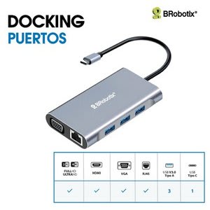 Brobotix Docking 7 En 1 - Hdmi , Rj45 Gigabit , 3 Usb V3.0, Usb Tipo C , Vga - 1 Conexión Usb Tipo C Macho A (1 Puerto Hdmi Hembra, 3 Puertos Usb V3.0 Tipo A Hembra, 1 Puerto Usb Tipo C Hembra, 1 Puerto Rj45 Ethernet Gigabit 10/100/1000 - Image 5