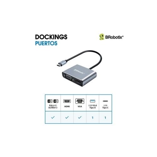Brobotix Docking Station Usb C 4 En 1 - Hdmi , Vga , Usb V3.0, Usb Tipo C - 1 Conexión Usb Tipo C Macho A (1 Puerto Vga Hembra, 1 Puerto Hdmi Hembra, 1 Puerto Usb V3.0 Tipo A Hembra, 1 Puerto Usb Tipo C Hembra ) - Laptop Portatil Convertidor Adaptador