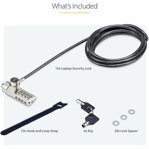 Startech.com Paquete De 10 Candados K-Slot De Llave Y Clave Numérica Para Laptop - Cables De Seguridad Antirrobo Con La Misma Llave - 1.98m Cable - Reiniciable - 4-Dígitos - Plata, Negro - Acero, Plástico - Para Portátil, Monitor, Impresora, Base De Conexión, Computadora De Escritorio, Computador Todo En Uno, Material De Laboratorio, Osciloscopio, Equipos De Prueba