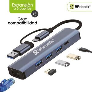 BRobotix Brobotix Docking 5 En 2: Conector Dual Usb A Y Tipo C A Usb V3.0x3, Usb Tipo C Y Rj45 Gigabit