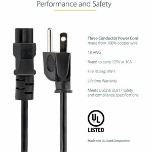 Startech.com Cable De 1.8m (6 Pies) De Alimentación Para Laptop, Cable De Corriente Nema 1-15p A C5 (mickey Mouse) Negro 10a 125v 18awg - Para Monitor, Portátil, Impresora, Escáner - Nema 5-15p / Iec 60320 C5 - 125 V Ac / 10a - Negro - 1 Solamente