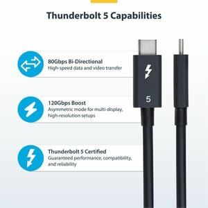 Startech.com Cable Thunderbolt 5 Certificado De 80cm - 80/120gbps - Pd De 240w - 8k 60hz - Compatible Con Tb4/Usb-C - Cable For Portátil, Macbook Pro, Monitor, Gpu Externa, Pantalla, Dock - 120gbit/S - Admite Hasta7680 X 4320 - Apantallado - Níquel Conector Chapado - Sin Halógeno - Negro