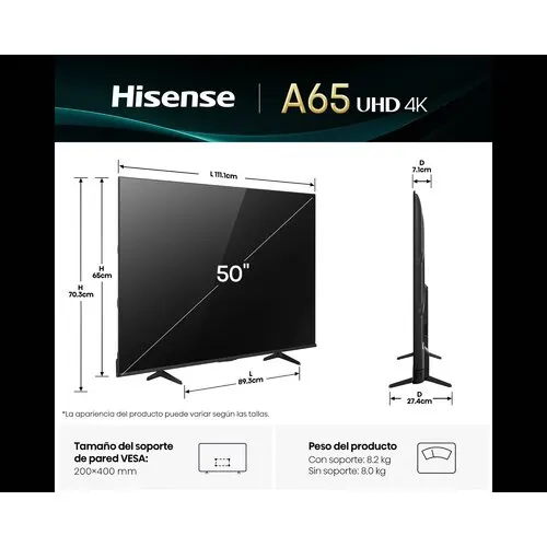 Smart Led-Lcd Tv Hisense A65nv 50a65nv 127cm - 4k Uhdtv - 1270mm Clase - Led Retroiluminación - 3840 X 2160 Resolución
