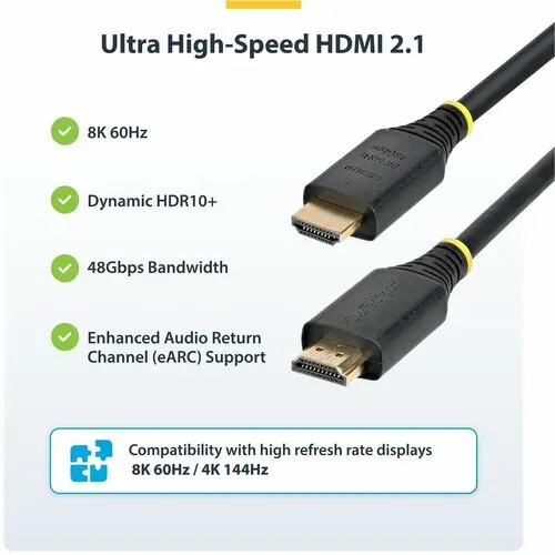 Startech.com Cable Hdmi De 1m Certificado De Ultra Alta Velocidad - 8k60/4k120 - Cable Hdmi 2.1 Con Hdr10+ / Earc - 48gbps - Cable Hdmi 8k - Cable For Monitor, Tv, Pantalla, Workstation, Mosaico, Dispositivo De Audio/Vídeo, Macbook, Macbook Air, Macbook Pro - 48gbit/S - Admite Hasta7680 X 4320, 3840 X 2160 - Apantallado - Oro Conector Chapado - 30 Awg - Negro - Image 2