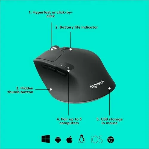 Mouse Logitech Triathlon M720 - Frecuencia Bluetooth/Radio - Usb - óptico - 8 Botón(es) - Negro - 1 Solamente - Inalámbrico - 10m - 2.40ghz - 1000 Dpi - Rueda Inclinable - Diestro - 1 X Aa Battery Supported