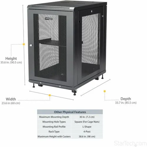 Startech.com Gabinete Rack Para Servidores 18u 19" 4 Postes - Rack De Servidores Con Rieles De Montaje Ajustables - Acero, Malla - 450kg Capacidad De Peso Estático - Image 3
