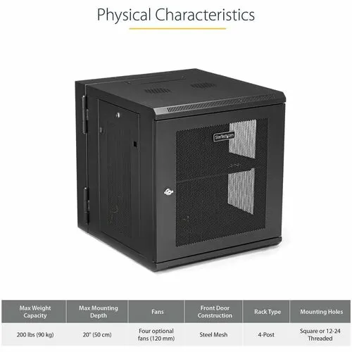 Startech.com Gabinete Rack De Pared Para Servidores 12u 19" 4 Postes Y Estante 1u - Rack De Servidores - Montaje En Pared - Acero, Malla De Acero - 90kg Capacidad De Peso Estático - Image 4