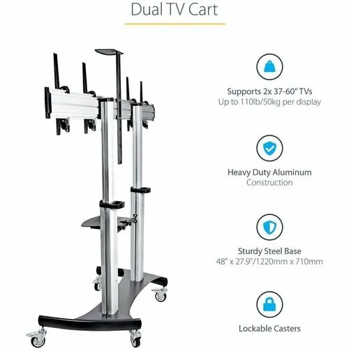 Startech.com Carrito Para Dos Tv De 37 A 60 Pulgadas - Hasta 50kg Cada Uno - Soporte Vesa Móvil Para Dos Tv - Soporte Con Ruedas Para Tv - 2 Estante - 109.77kg Capacidad De Carga - 4 Ruedas - Aluminio, Acero - 711.2mm Longitud X 2225mm Ancho X 2377.4mm Altura - Para 2 Dispositivos - Image 2