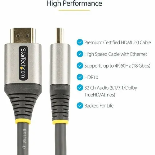 Startech.com Cable 5m Hdmi 2.0 De Alta Velocidad Con Ethernet Con Certificación Premium - Ultra Hd 4k 60hz - Hdr10 - Uhd - Para Monitor 4k - Cable For Dispositivo De Audio/Vídeo, Monitor, Pantalla, Computador, Portátil, Computadora De Escritorio, Pc, Workstation, Tv, Proyector - 18gbit/S - Admite Hasta3840 X 2160 - Apantallado - Oro Conector Chapado - 28 Awg - Gris, Negro - Image 2