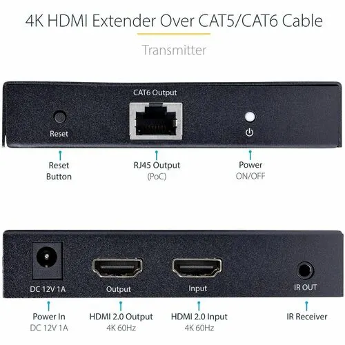 Startech.com Extensor De Video Hdmi 4k Por Cable Cat5/Cat6 Ethernet - 4k 60hz Hdr - 70m - S/Pdif - Juego Transmisor Y Receptor - 2 X Red (rj-45) - 3 X Hdmi - 70.10m Alcance Extendido - Metálico - Image 2