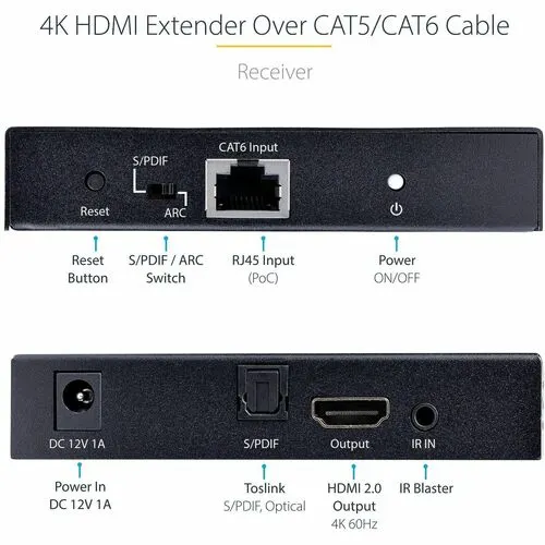 Startech.com Extensor De Video Hdmi 4k Por Cable Cat5/Cat6 Ethernet - 4k 60hz Hdr - 70m - S/Pdif - Juego Transmisor Y Receptor - 2 X Red (rj-45) - 3 X Hdmi - 70.10m Alcance Extendido - Metálico - Image 3