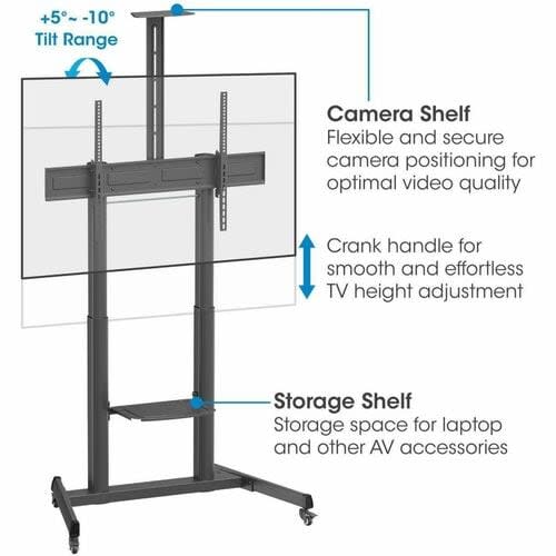 Manhattan Carrito Para Tv Multimedia De Pantalla Grande Con Ajuste De Altura Sin Herramientas, Para Pantallas De 60" A 120" , Soporta Una Televisión De 60" A 120" Hasta 120 Kg (265 Lbs.), Inclinación De -10 A 5°, Estantes Para Cámara Y Av, Altura Ajustable Con Manivela, Color Negro, Ajuste De Inclinación Y Altura Sin Esfuerzo Para Una Movilidad Av Flexible - Manivela Mango - 120kg Capacidad De Carga - 4 Ruedas - Acero Con Recubrimiento De Polvo, Plástico - 1.2m Longitud X 739.9mm Ancho X 2303mm A