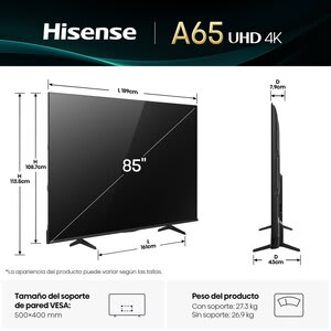 Hisense Smart Led-Lcd Tv 2025 Hisense 85a65nv 215.9cm - 4k Uhdtv - Hig Dynamic Range (alto Rango Dinámico, Hdr) - 2159mm Clase - Dolby Vision - Direct Led Retroiluminación - Asistente De Google Soportado - Amazon Prime Video, Disney+, Netflix, Hbo Max - 3840 X 2160 Resolución