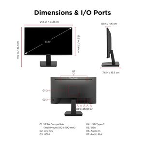 Viewsonic Monitor Led Viewsonic Va2448-Mhu 24.0" (61.0cm) Clase Full Hd - 16:9 - 23.8" (60.5cm) Viewable - Tecnología Conmutación En El Mismo Plano (in-Plane Switching, Ips) - Led Retroiluminación - 1920 X 1080 - 16,7 Millones De Colores - 300cd/M² - 1ms - 120hz Frecuencia De Actualización - Altavoces - Inclinable - Usb Tipo-C - Hdmi - Vga - Compatible Con Montura Vesa