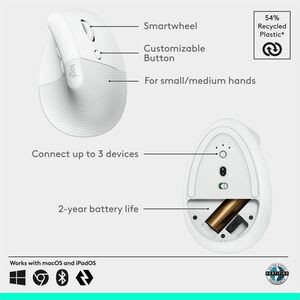 Logitech Mouse Logitech Lift - Frecuencia Bluetooth/Radio - Usb - óptico - 6 Botón(es) - Blanco - 1 Solamente - Inalámbrico - 4000 Dpi - Rueda De Desplazamiento - Peque?o/Mediano Tamaño De La Mano/Palma - Diestro