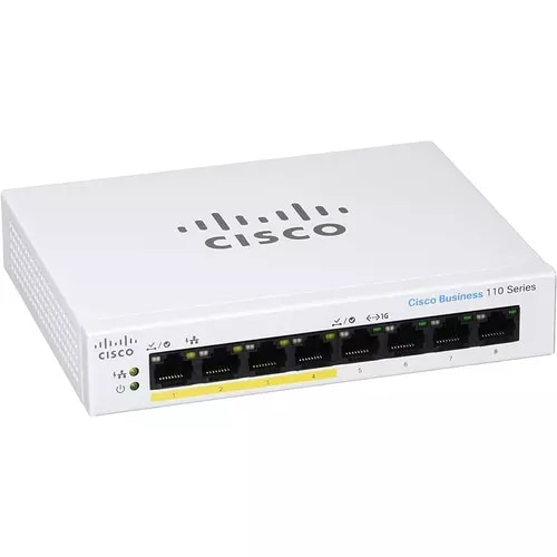 Cisco Switch CBS110-8PP-D vista posterior y puertos