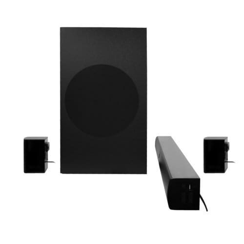 Vista del Subwoofer y Bocinas Satélite del Sistema SOUNDUTY