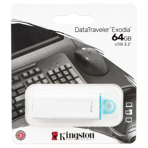USB MEMORIA KINGSTON 64GB DT EXODIA BLANCO/ANILLO AZUL TRANSPARENTE