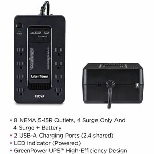 CyberPower 650VA / 360W STANDBYGABINETE COMPACTO 8 NEMA 5-15R 4 RESPALDO