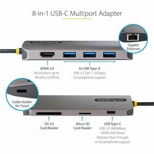 Startech.com Adaptador Multipuertos Usb C De Video 4k A 60hz, Con Hub De 3 Puertos Usb-A De 5gbps, Pd De 100w, Red Ethernet, Sd/Microsd – 1 Pantallas Compatibles – 4k – 4096 X 2160 – 3 X Usb Type-A Ports – Usb Tipo-A – Usb Tipo-C – 1 X Rj-45 Ports – Red (rj-45) – 1 X Puertos Hdmi – Hdmi – Cableado – Gigabit Ethernet – Macos 14, Windows 7, Windows 8, Windows 8.1, Windows 10, Windows 11, Mac Os X 10.11 El Capitan, Mac Os X 10.15 Catalina, Mac Os X 11.0 Big Sur, Mac Os X 12.0 Monterey, Mac Os