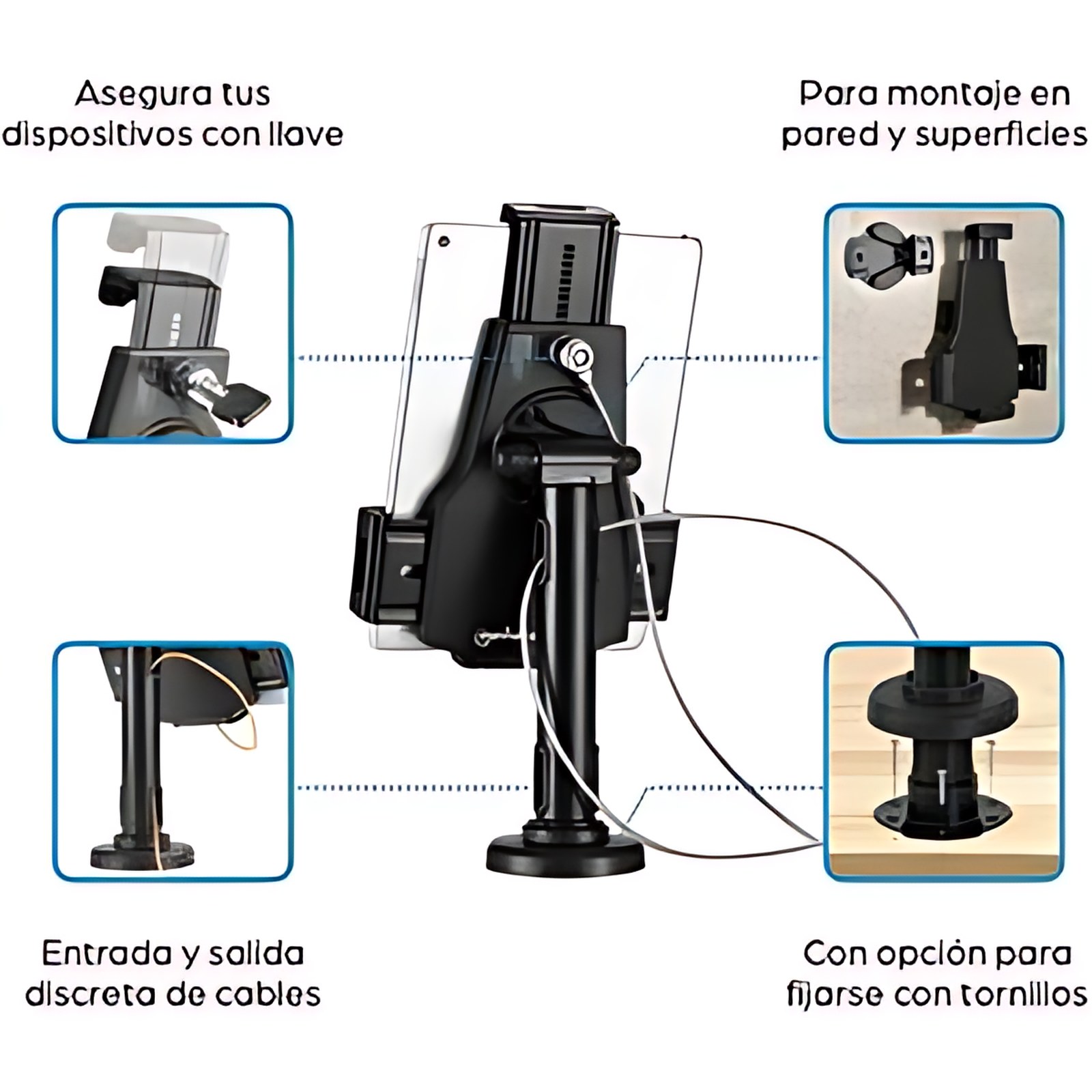 Soporte Tableta antirrobo, multipropósito - Altura ajustable - 20.1cm a 26.7cm (10.5") para pantalla plana - Acero, Plástico