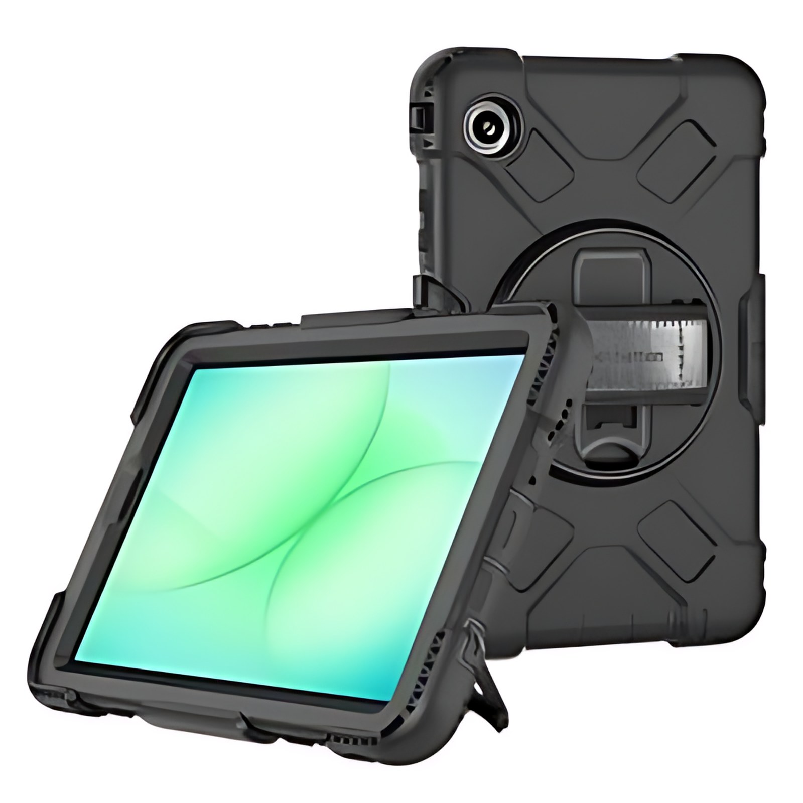 Funda Rígida De Uso Rudo Para Samsung Galaxy Tab® A11 (8.7″), Funda Con Protector De Pantalla, Correa De Mano, Correa Para El Hombro Y Soporte Giratorio Plegable, Color Negro – Amortiguador, Resistente A Caídas, Resistente A Impactos, Resistente A Los Dańos – Policarbonato, Silicona, Poliuretano Cuerpo – Correa De Mano, Correa De Hombro – 27.9mm Altura X 149.1mm Ancho X 235mm Profundidad