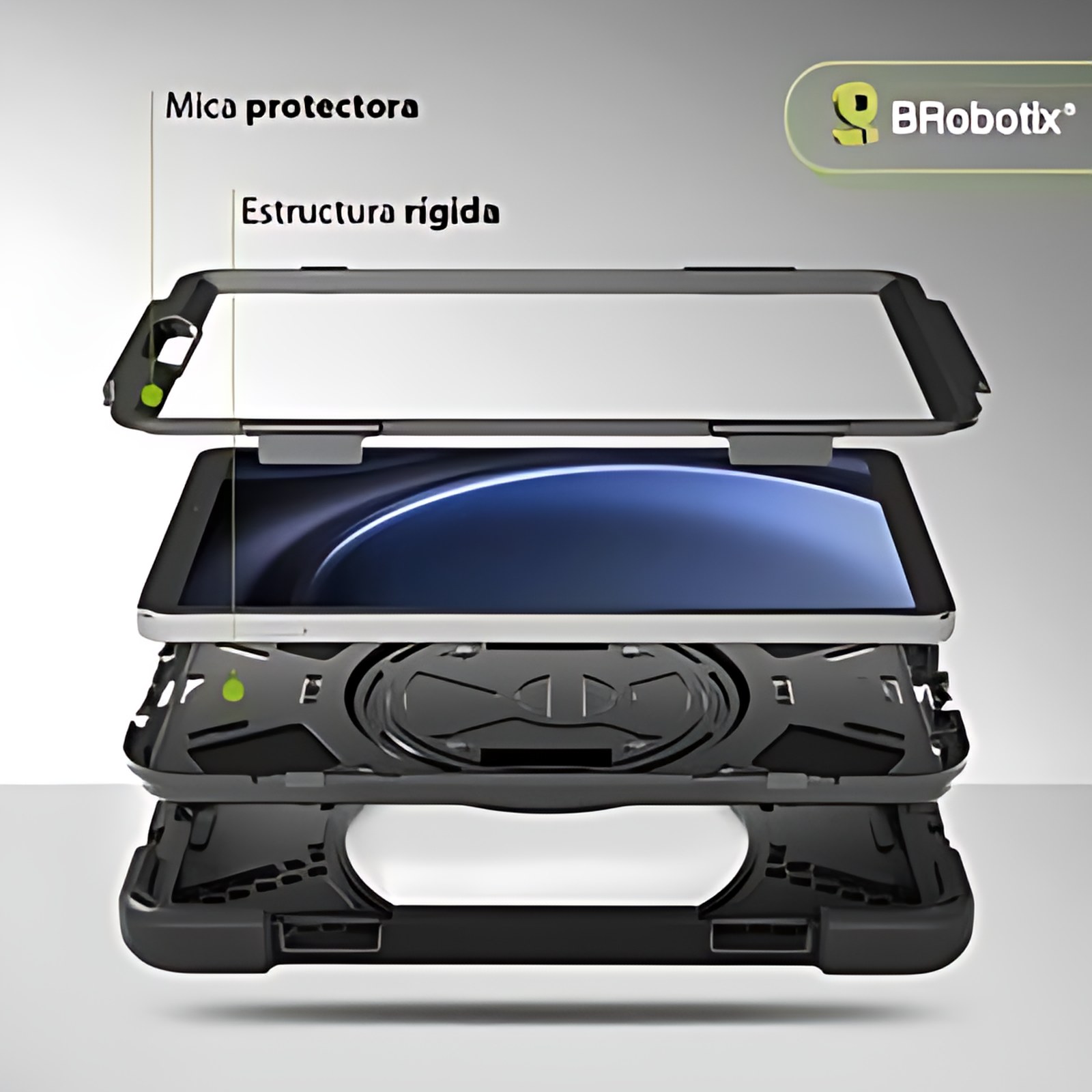 BRobotix FUNDA DE USO RUDO PARA TABLETA SAMSUNG® GALAXY TAB A9 DE 8.7" (SM-X110/X115/X117). INCLUYE: CORREA DE HOMBRO DESMONTABLE, CORREA DE MANO AJUSTABLE Y GIRATORIA, MICA PROTECTORA PARA PANTALLA,