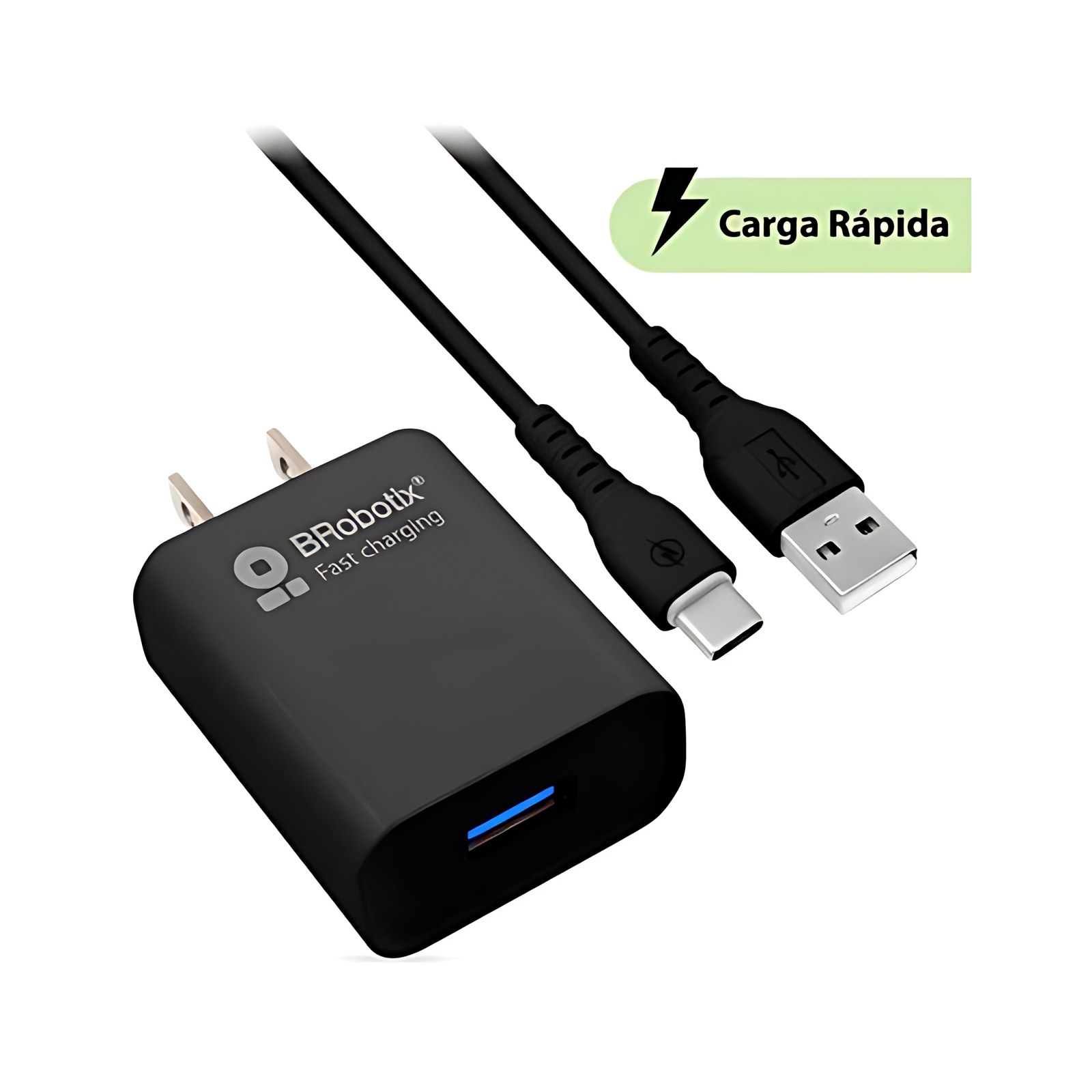 BROBOTIX COMBO USB DE CARGA RAPIDA CARGADOR USB 3.0 PARA PARED + CABLE USB TIPO C, DE 1 METRO COLOR NEGRO - Adaptador Cable Corriente Alimentacion Telefono Celular - USB Version 3.0 FAST CHARGING comp